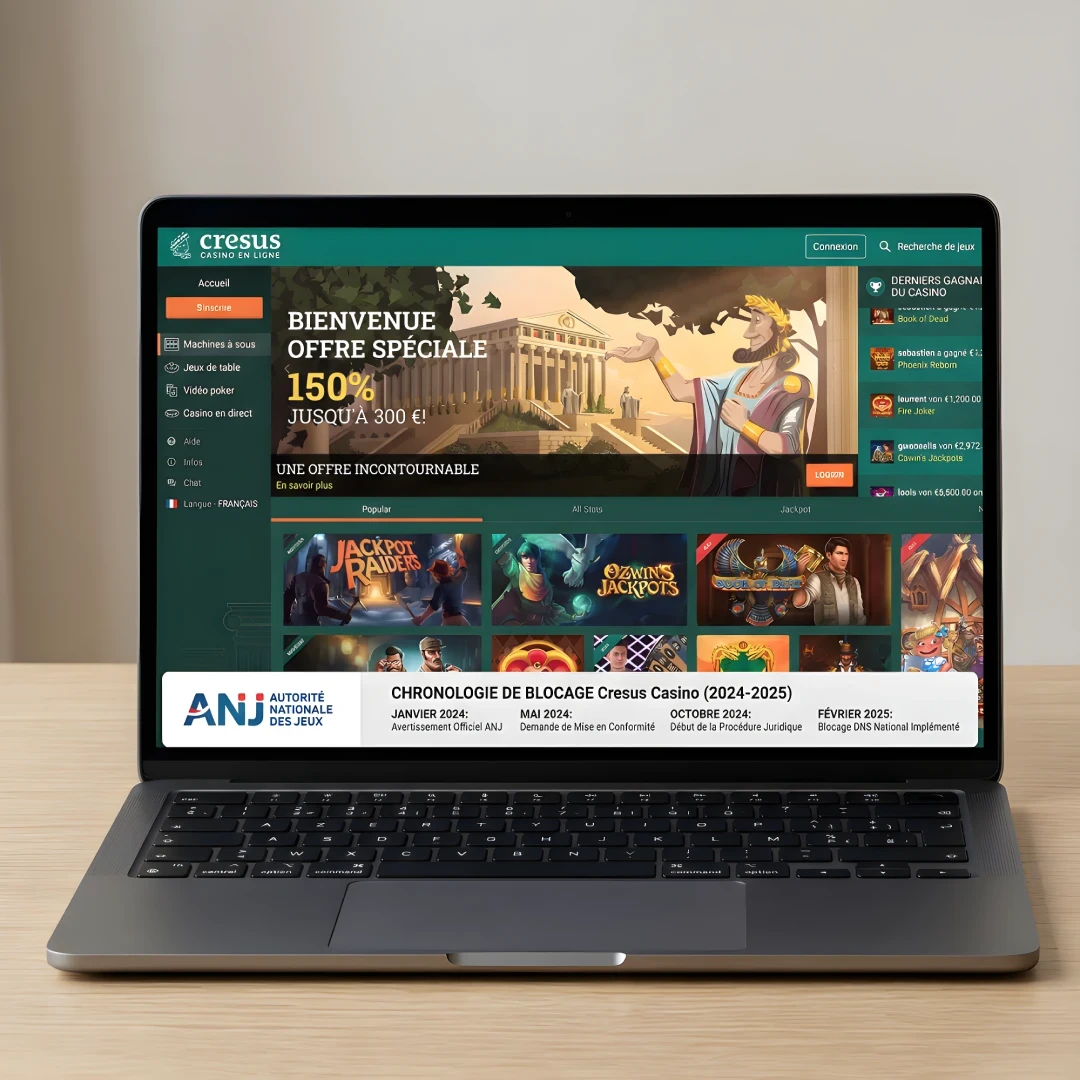 Chronologie du blocage de Cresus Casino par l'ANJ en 2024-2025